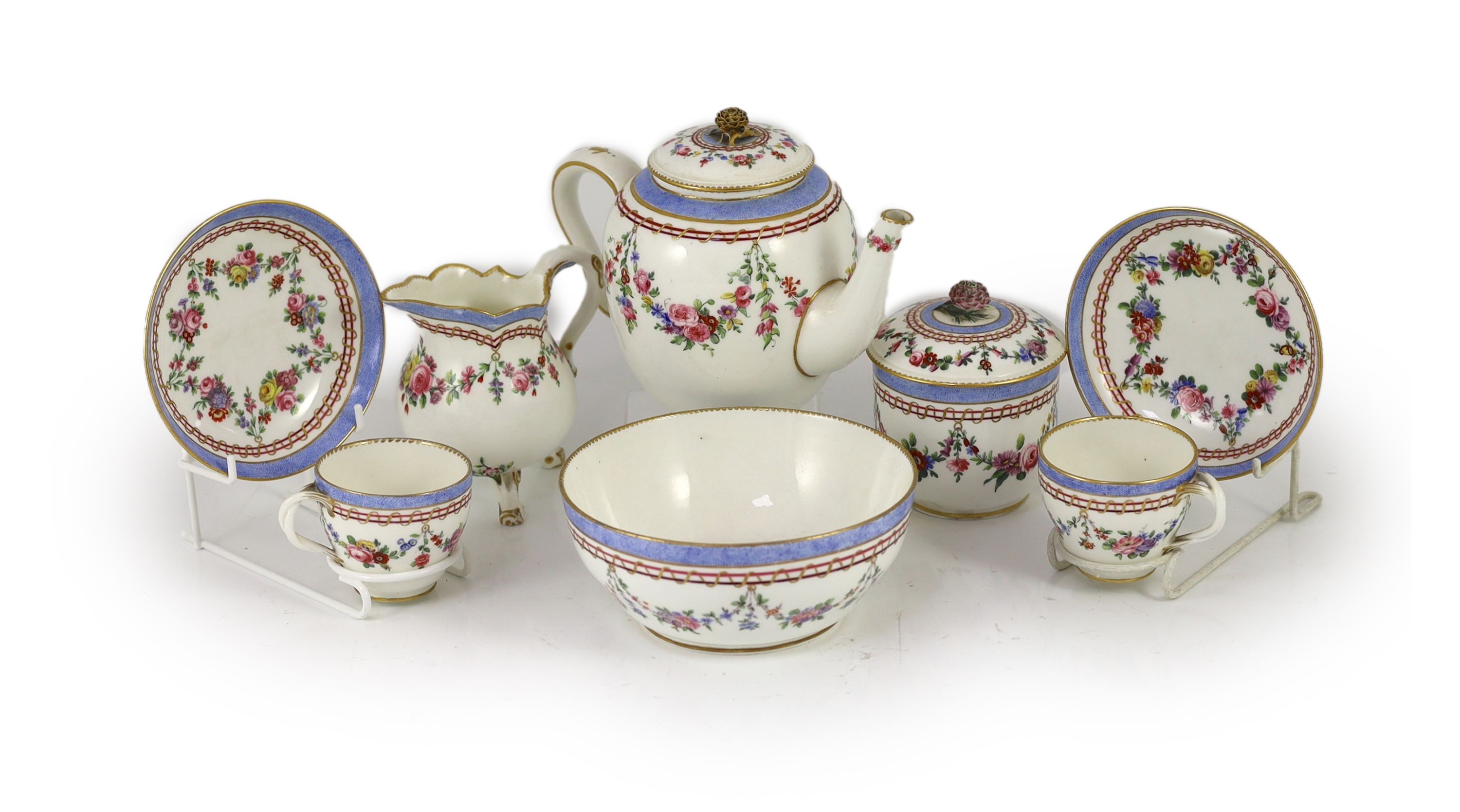 A Sevres porcelain part tea service, c.1772-3, One teacup handle repaired